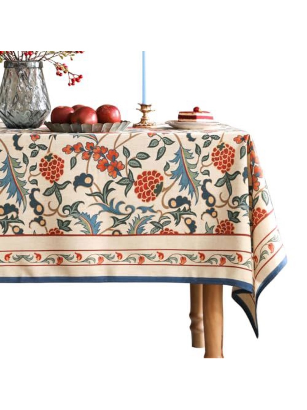 Floral Block Print Tablecloth in Cream and Red